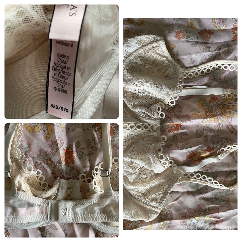 VICTORIAS SECRET, PUSH-UP WITH NO PADDING, TAN LINING, CREAM LACE, VINTAGE, 32B